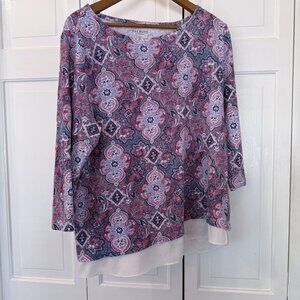 Talbots Medallion Print 3/4 Sleeve Tee with Sheer Hem XLP